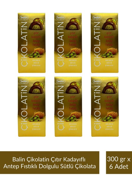 Çikolatin Çıtır Kadayıflı Antep Fıstıklı Dolgulu Sütlü Çikolata 300 gr x 6 Adet