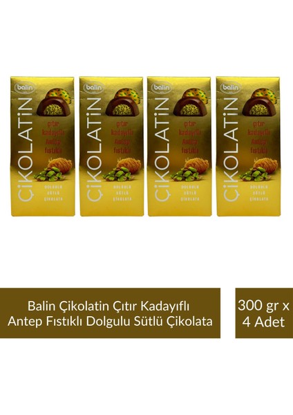 Çikolatin Çıtır Kadayıflı Antep Fıstıklı Dolgulu Sütlü Çikolata 300 gr x 4 Adet