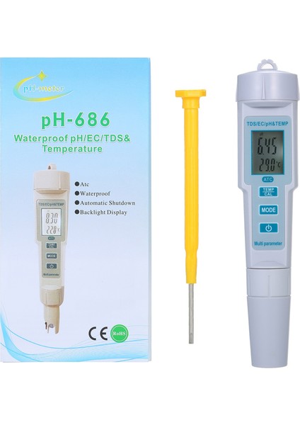 PH-686 4'ü 1 Arada Su Test Cihazı Beyaz IP55 Aydınlatmalı Ekran (Yurt Dışından)