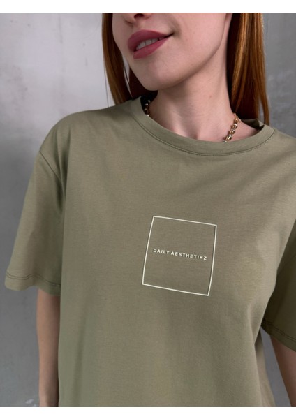 T-905 Haki Daily Kabartma Yazılı Bisiklet Yaka Tshirt modelleri