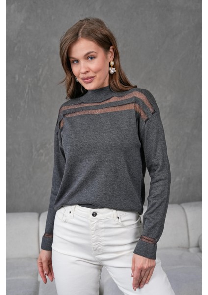 Transparan Çizgili Triko Kazak Triko Bluz 1107