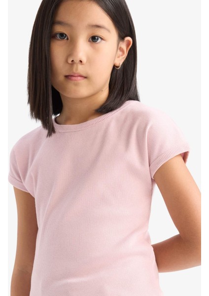 Kız Çocuk Slim Fit Dar Kesim Bisiklet Yaka Basic Düz Fitilli Kaşkorse Kısa Kollu Tişört B3053A825SM