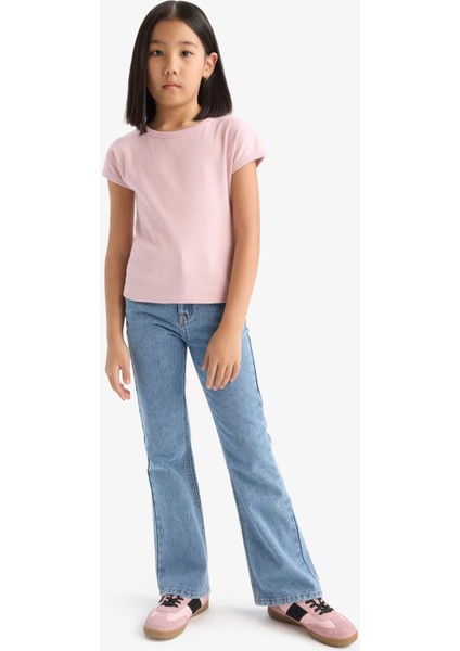 Kız Çocuk Slim Fit Dar Kesim Bisiklet Yaka Basic Düz Fitilli Kaşkorse Kısa Kollu Tişört B3053A825SM fiyatları