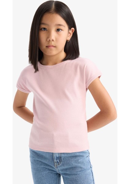 Kız Çocuk Slim Fit Dar Kesim Bisiklet Yaka Basic Düz Fitilli Kaşkorse Kısa Kollu Tişört B3053A825SM fırsatları