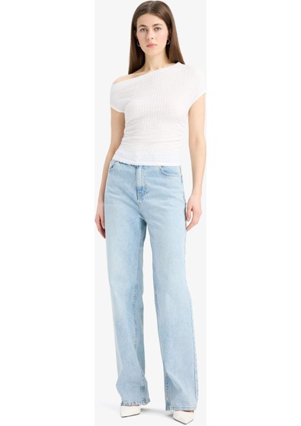 Slim Fit Dar Kesim Tek Omuzlu Bürümcük Kısa Kollu Tişört D4414AX25SM fiyatları