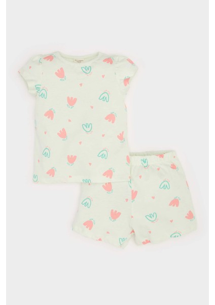 Kız Bebek Pijama Takımı Çiçekli Kısa Kollu Penye Üst Beli Lastikli Şort E4614A525SM