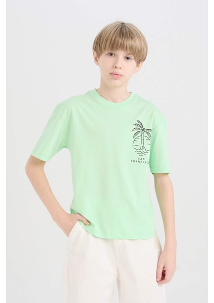 Erkek Çocuk Oversize Geniş Kalıp Bisiklet Yaka Baskılı Kısa Kollu Tişört B6165A825SM