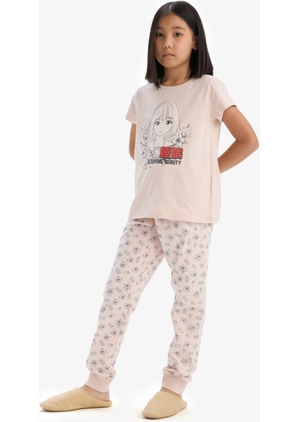 Kız Çocuk Pijama Takımı Baskılı Kısa Kollu Üst Beli Lastikli Uzun Alt E0542A825SM