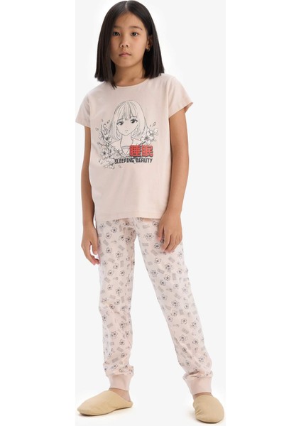 Kız Çocuk Pijama Takımı Baskılı Kısa Kollu Üst Beli Lastikli Uzun Alt E0542A825SM