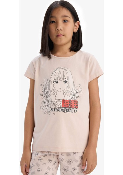 Kız Çocuk Pijama Takımı Baskılı Kısa Kollu Üst Beli Lastikli Uzun Alt E0542A825SM