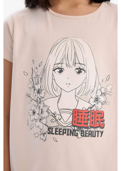 Kız Çocuk Pijama Takımı Baskılı Kısa Kollu Üst Beli Lastikli Uzun Alt E0542A825SM
