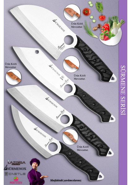 Sürmene Serisi Outdoor Bıçak Kamp Bıçağı Mutfak Şef Bıçak Bıçağı Deri Kılıflı 4 Lü Set Siyah (Out-011)