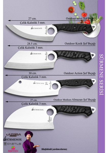 Sürmene Serisi Outdoor Bıçak Kamp Bıçağı Mutfak Şef Bıçak Bıçağı Deri Kılıflı 4 Lü Set Siyah (Out-011) modelleri