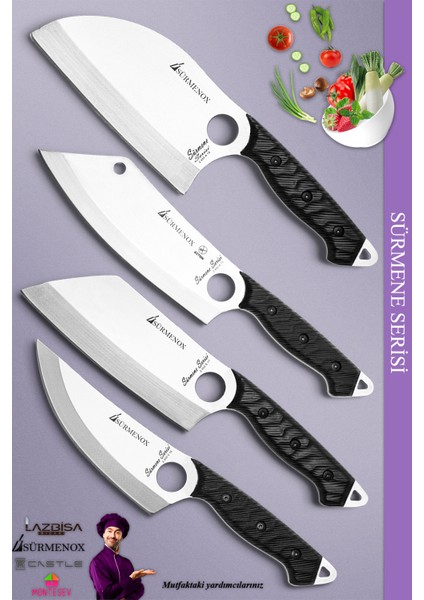 Sürmene Serisi Outdoor Bıçak Kamp Bıçağı Mutfak Şef Bıçak Bıçağı Deri Kılıflı 4 Lü Set Siyah (Out-011) indirimleri