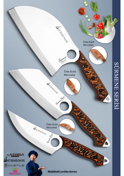 Sürmene Serisi Outdoor Bıçak Kamp Bıçağı Mutfak Şef Bıçak Bıçağı Deri Kılıflı 3 Lü Set (Out-009)