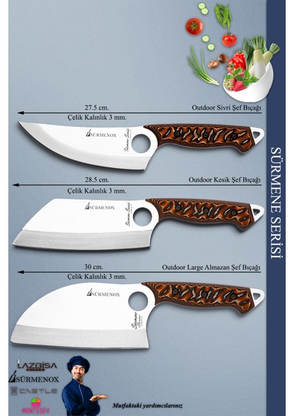Sürmene Serisi Outdoor Bıçak Kamp Bıçağı Mutfak Şef Bıçak Bıçağı Deri Kılıflı 3 Lü Set (Out-009) modelleri