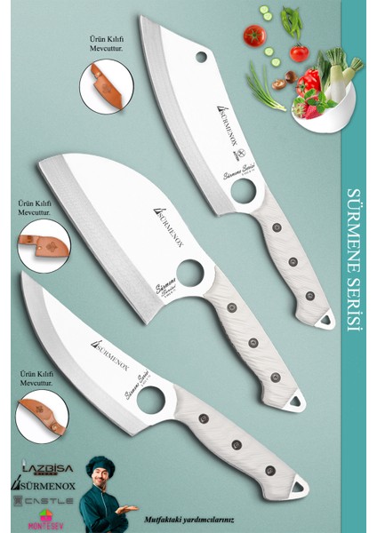 Sürmene Serisi Outdoor Bıçak Kamp Bıçağı Mutfak Şef Bıçak Bıçağı Deri Kılıflı 3 Lü Set (Out-009)