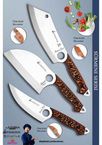 Sürmene Serisi Outdoor Bıçak Kamp Bıçağı Mutfak Şef Bıçak Bıçağı Deri Kılıflı 3 Lü Set Out-008