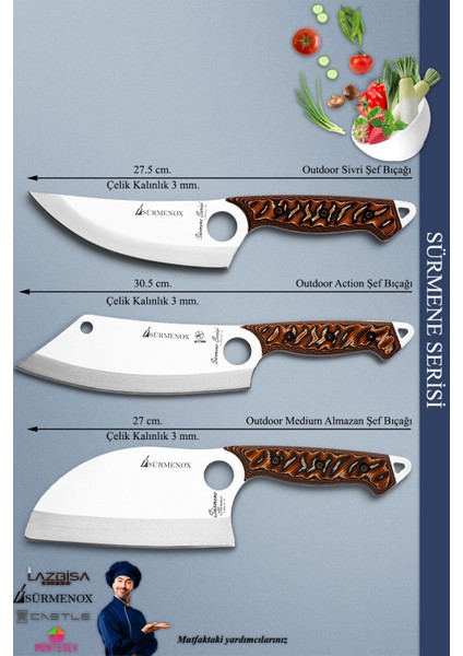 Sürmene Serisi Outdoor Bıçak Kamp Bıçağı Mutfak Şef Bıçak Bıçağı Deri Kılıflı 3 Lü Set Out-008 modelleri