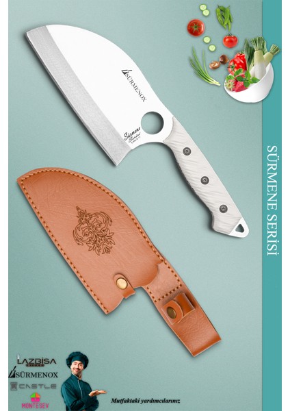 Sürmene Serisi Outdoor Bıçak Kamp Bıçağı Mutfak Şef Bıçak Bıçağı Deri Kılıflı Beyaz (Out-004)