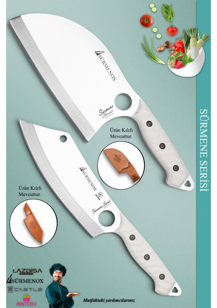 Sürmene Serisi Outdoor Bıçak Kamp Bıçağı Mutfak Şef Bıçak Bıçağı Deri Kılıflı 2 Li Set (Out-007)