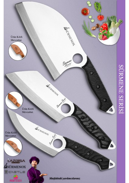 Sürmene Serisi Outdoor Bıçak Kamp Bıçağı Mutfak Şef Bıçak Bıçağı Deri Kılıflı 3 Lü Set (Out-010)