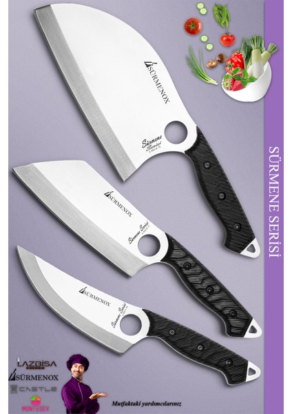 Sürmene Serisi Outdoor Bıçak Kamp Bıçağı Mutfak Şef Bıçak Bıçağı Deri Kılıflı 3 Lü Set (Out-010) indirimleri