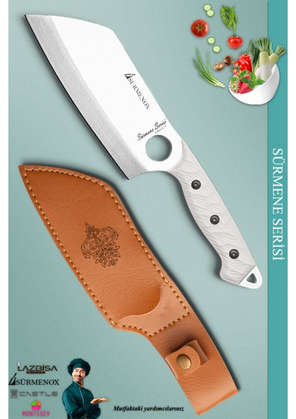 Sürmene Serisi Outdoor Bıçak Kamp Bıçağı Mutfak Şef Bıçak Bıçağı Deri Kılıflı Beyaz (Out-005)