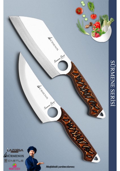 Sürmene Serisi Outdoor Bıçak Kamp Bıçağı Mutfak Şef Bıçak Bıçağı Deri Kılıflı 2 Li Set Kahverengi (Out-007)