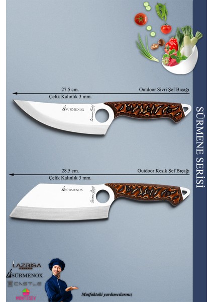 Sürmene Serisi Outdoor Bıçak Kamp Bıçağı Mutfak Şef Bıçak Bıçağı Deri Kılıflı 2 Li Set Kahverengi (Out-007) modelleri