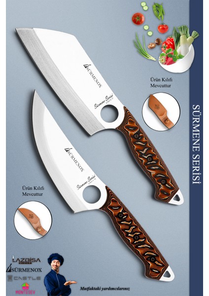 Sürmene Serisi Outdoor Bıçak Kamp Bıçağı Mutfak Şef Bıçak Bıçağı Deri Kılıflı 2 Li Set Kahverengi (Out-007) indirimleri