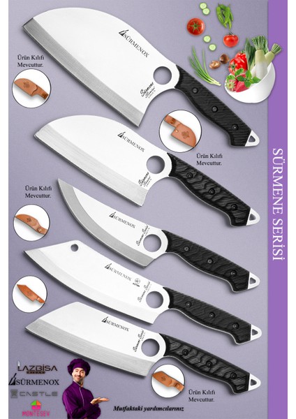 Sürmene Serisi Outdoor Bıçak Kamp Bıçağı Mutfak Şef Bıçak Bıçağı Deri Kılıflı 5 Li Set Siyah (Out-012)