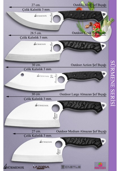 Sürmene Serisi Outdoor Bıçak Kamp Bıçağı Mutfak Şef Bıçak Bıçağı Deri Kılıflı 5 Li Set Siyah (Out-012) modelleri