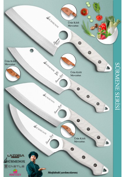 Sürmene Serisi Outdoor Bıçak Kamp Bıçağı Mutfak Şef Bıçak Bıçağı Deri Kılıflı 4 Lü Set (Out-011)