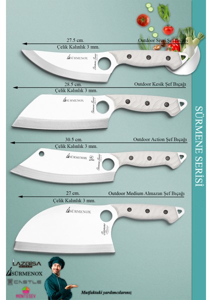 Sürmene Serisi Outdoor Bıçak Kamp Bıçağı Mutfak Şef Bıçak Bıçağı Deri Kılıflı 4 Lü Set (Out-011) modelleri