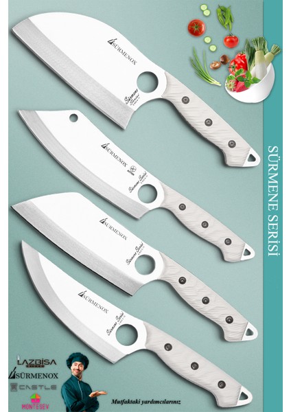 Sürmene Serisi Outdoor Bıçak Kamp Bıçağı Mutfak Şef Bıçak Bıçağı Deri Kılıflı 4 Lü Set (Out-011) indirimleri