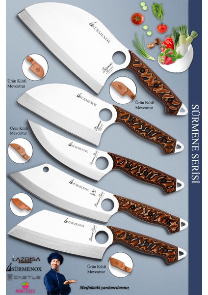 Sürmene Serisi Outdoor Bıçak Kamp Bıçağı Mutfak Şef Bıçak Bıçağı Deri Kılıflı 5 Li Set (Out-011)