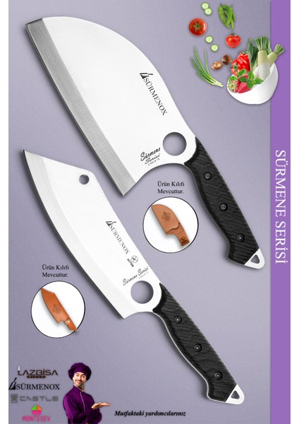 Sürmene Serisi Outdoor Bıçak Kamp Bıçağı Mutfak Şef Bıçak Bıçağı Deri Kılıflı 2 Li Set (Out-0007)