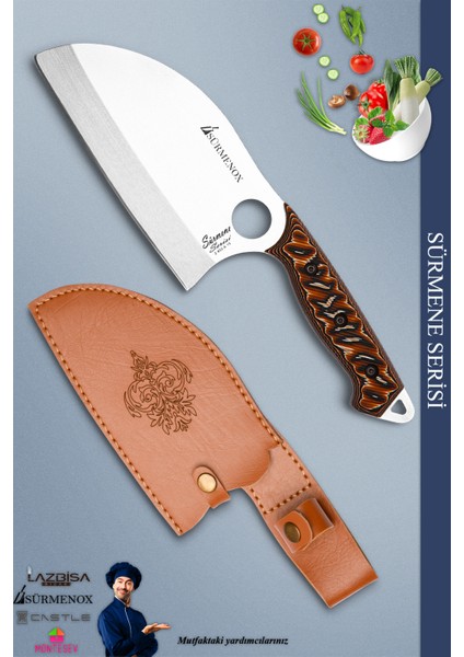 Sürmene Serisi Outdoor Bıçak Kamp Bıçağı Mutfak Şef Bıçak Bıçağı Deri Kılıflı Kahverengi (Out-004)