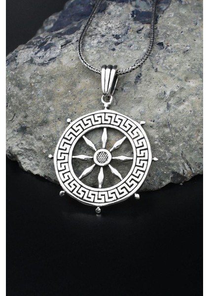 Denizci Gemi Dümeni Grek Desenli 925 Ayar Gümüş Kolye Zincir 901567