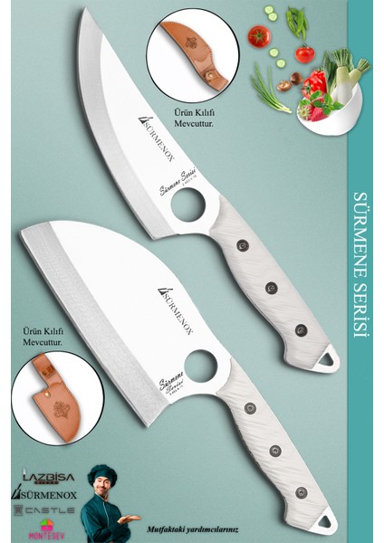 Sürmene Serisi Outdoor Bıçak Kamp Bıçağı Mutfak Şef Bıçak Bıçağı Deri Kılıflı 2 Li Set (Out-006)