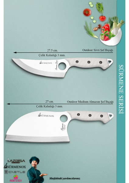 Sürmene Serisi Outdoor Bıçak Kamp Bıçağı Mutfak Şef Bıçak Bıçağı Deri Kılıflı 2 Li Set (Out-006) modelleri