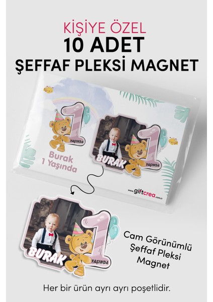 Kişiselleştirilebilir Doğum Gününe Özel Şeffaf Pleksi Magnet – Sevimli Ayıcık Model (Her Yaşa Özel)
