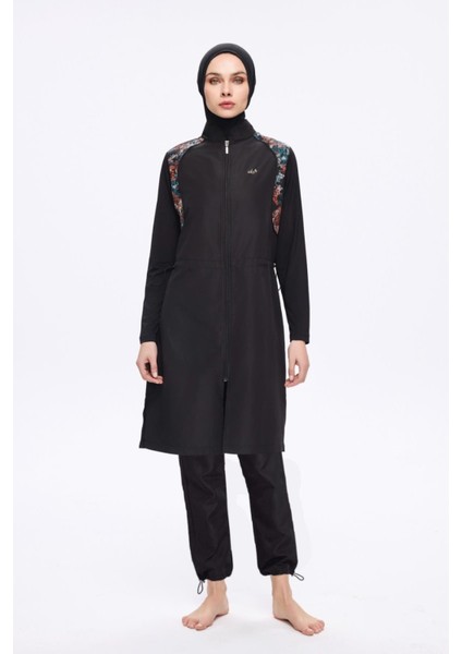 Omuz Bölgesi Desenli Siyah 3 Parça Dokuma Tam Tesettür Mayo Takımı 2274