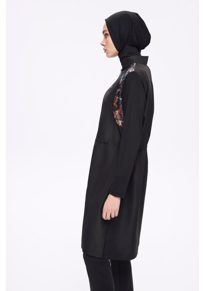Omuz Bölgesi Desenli Siyah 3 Parça Dokuma Tam Tesettür Mayo Takımı 2274 modelleri