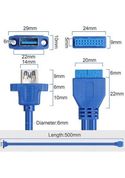 Usb3.0 Ön Panel Kablosu 19 Pin - Çift A Konnektörü Usb3.0 Kablo Dıy Muhafazası Vidalarla - Mavi (0,5 M/1,64 Ft) (Yurt Dışından)