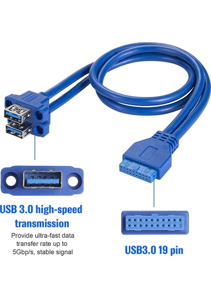Usb3.0 Ön Panel Kablosu 19 Pin - Çift A Konnektörü Usb3.0 Kablo Dıy Muhafazası Vidalarla - Mavi (0,5 M/1,64 Ft) (Yurt Dışından)