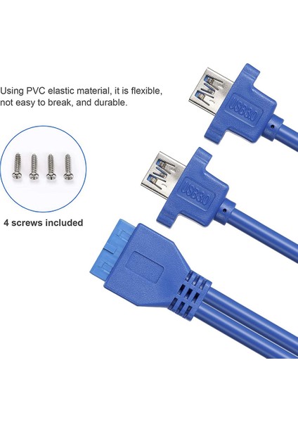 Usb3.0 Ön Panel Kablosu 19 Pin - Çift A Konnektörü Usb3.0 Kablo Dıy Muhafazası Vidalarla - Mavi (0,5 M/1,64 Ft) (Yurt Dışından)