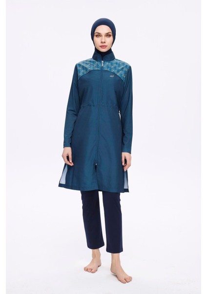 3 Parça Tam Tesettür Mayo Takımı Kadınlar İçin Desenli Petrol Mavisi Yazlık