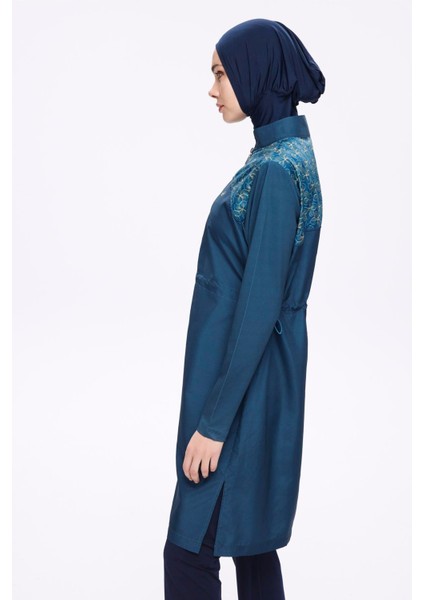 3 Parça Tam Tesettür Mayo Takımı Kadınlar İçin Desenli Petrol Mavisi Yazlık modelleri
